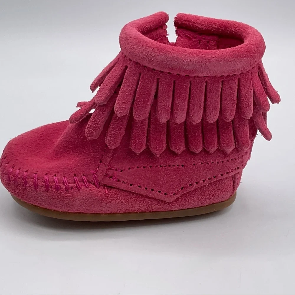 Minnetonka Baby Girl Size 1 Double Fringe Moccasins Shoes Hot Pink Rubber Sole